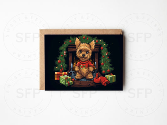 A Yorkie Christmas greeting card